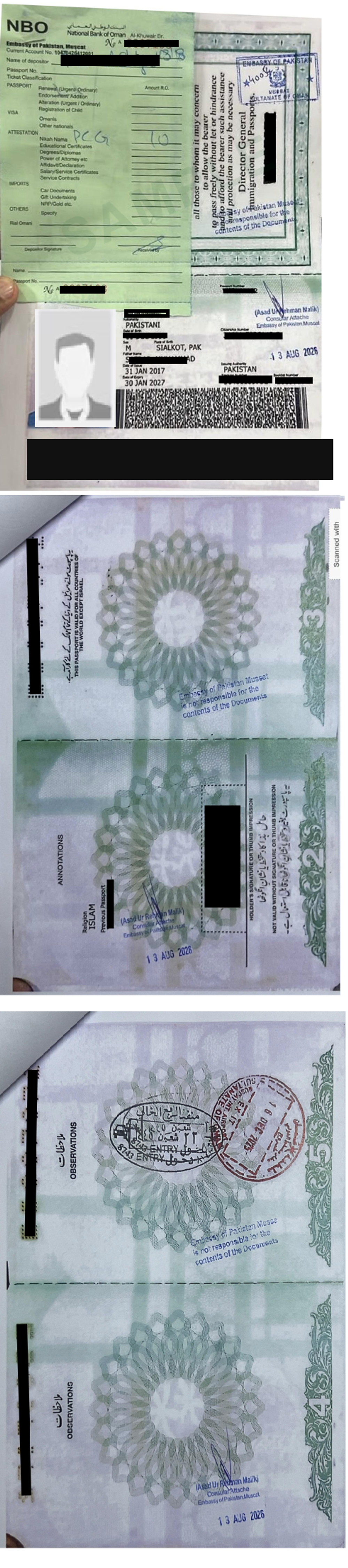 Complete Passport, duly attested by the Pakistan Embassy (including the pages with entry & exit stamps) — sample